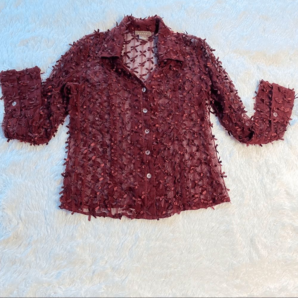 Kenar Women's Size 10 Burgundy Sheer Mesh Ribbon Applique Button Down Blouse